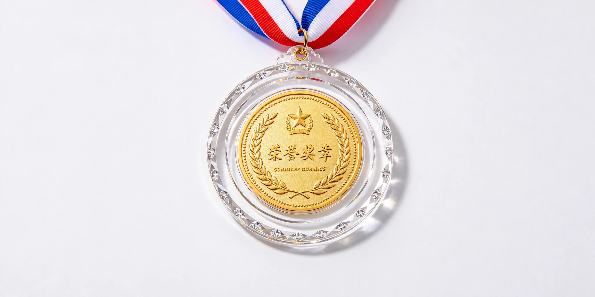 Round gold-tone medal mounted in a clear acrylic award disc with a ribbon