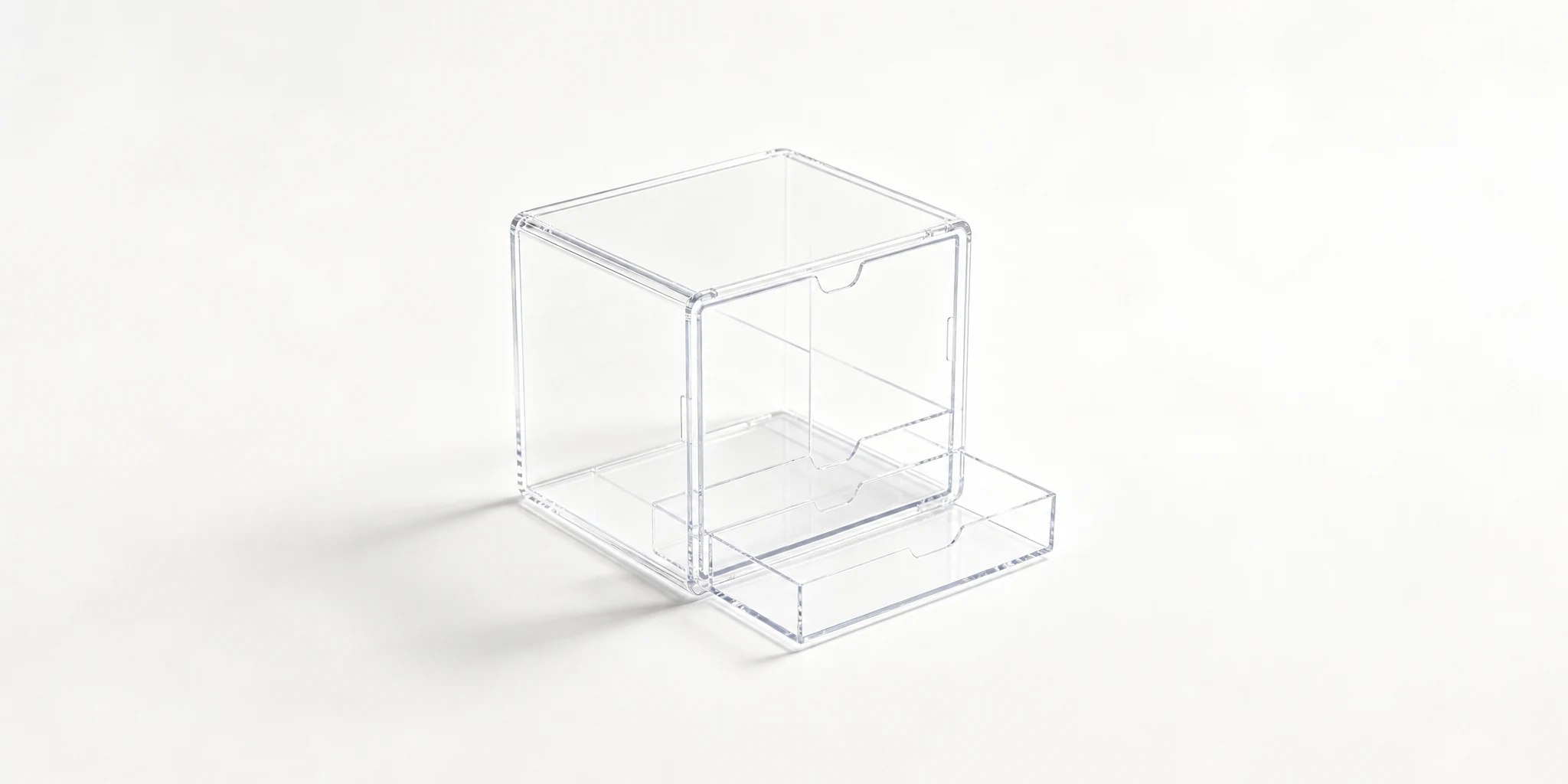 Acrylic drawer box with inner tray pulled out