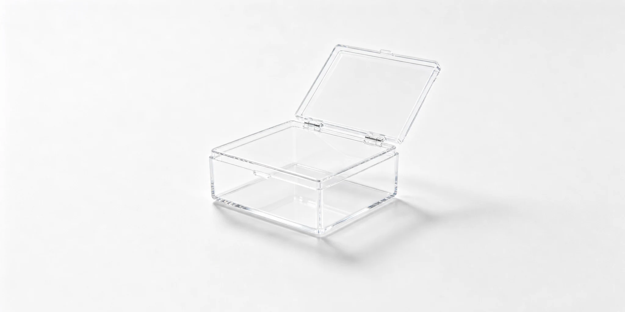 Acrylic flip-top box shown fully open