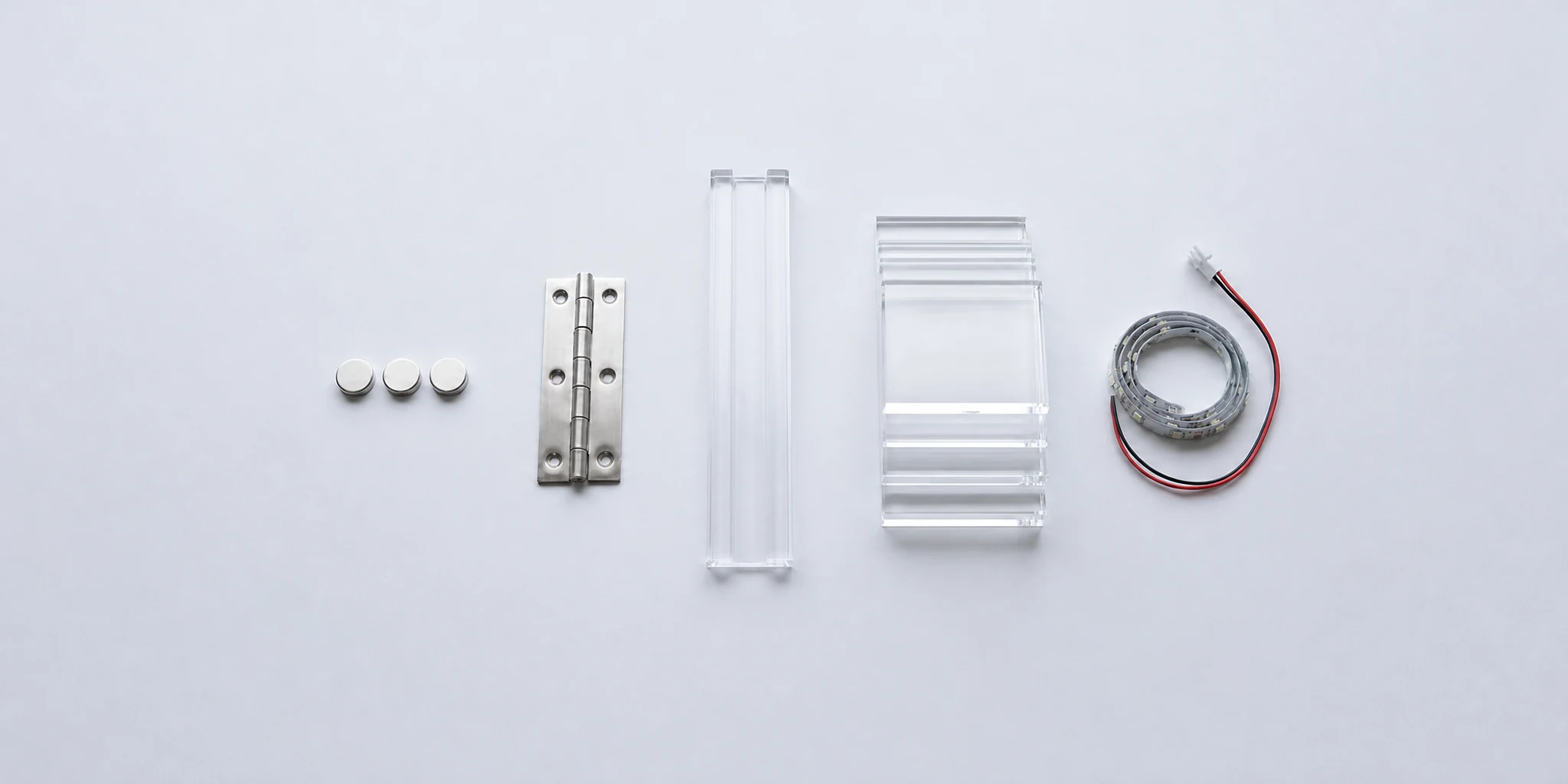 Acrylic cabinet hardware: fixings, hinges, hinge bars, handles and cable