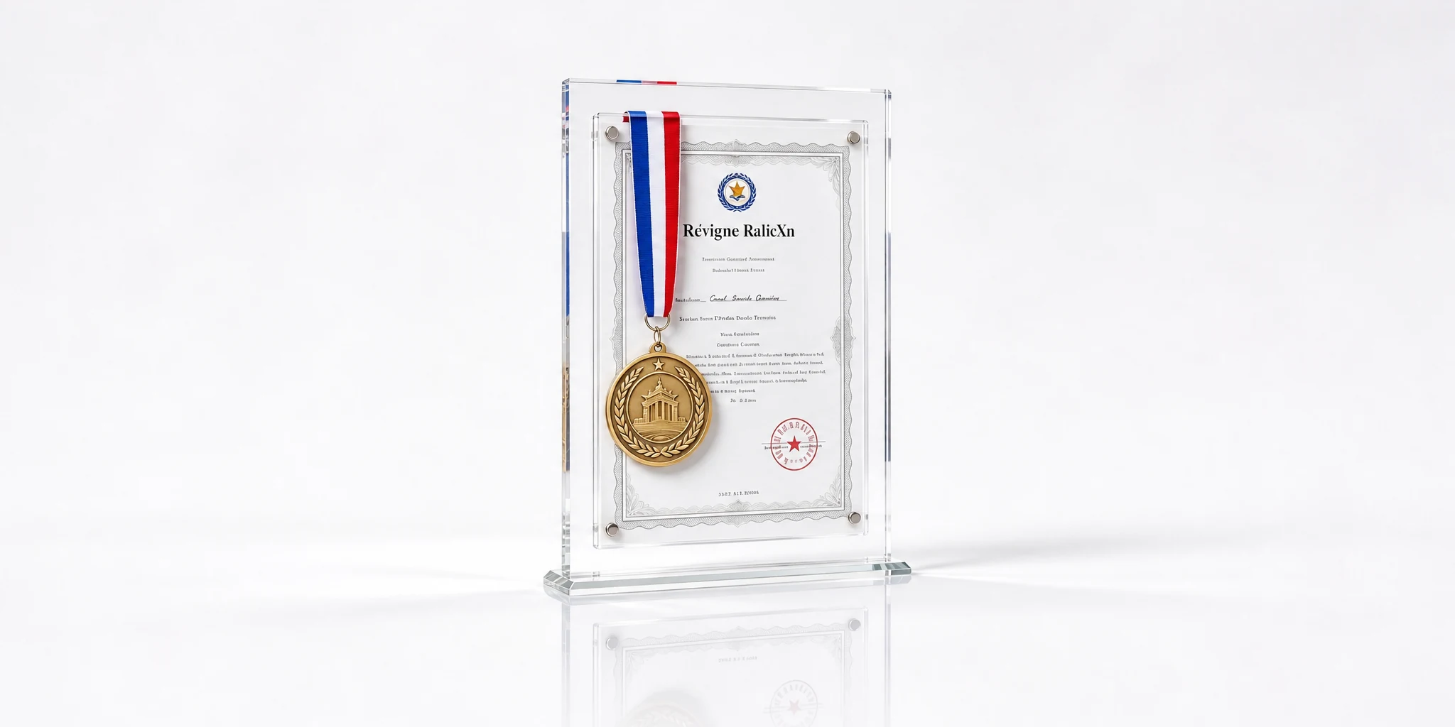 Acrylic certificate frame holding a printed award certificate and medal
