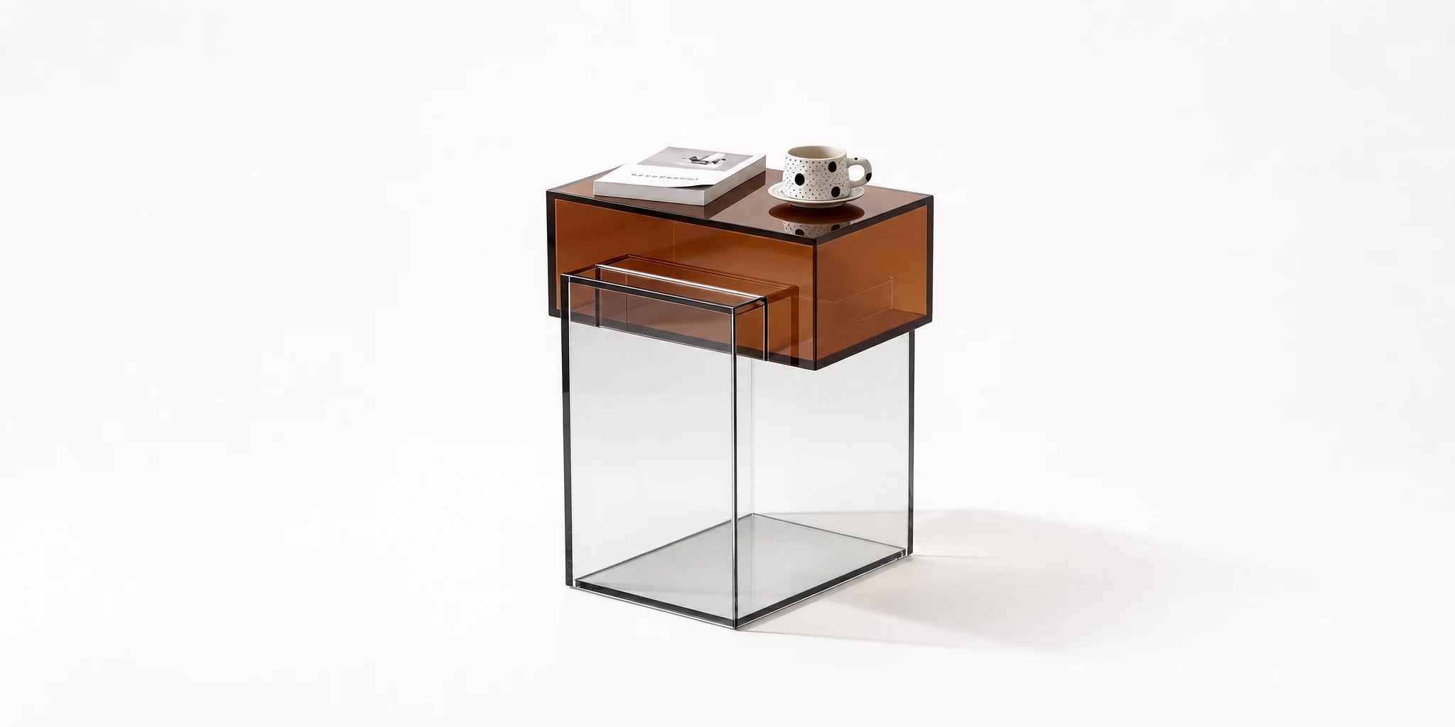 Compact acrylic coffee table with a wood-effect top and clear legs