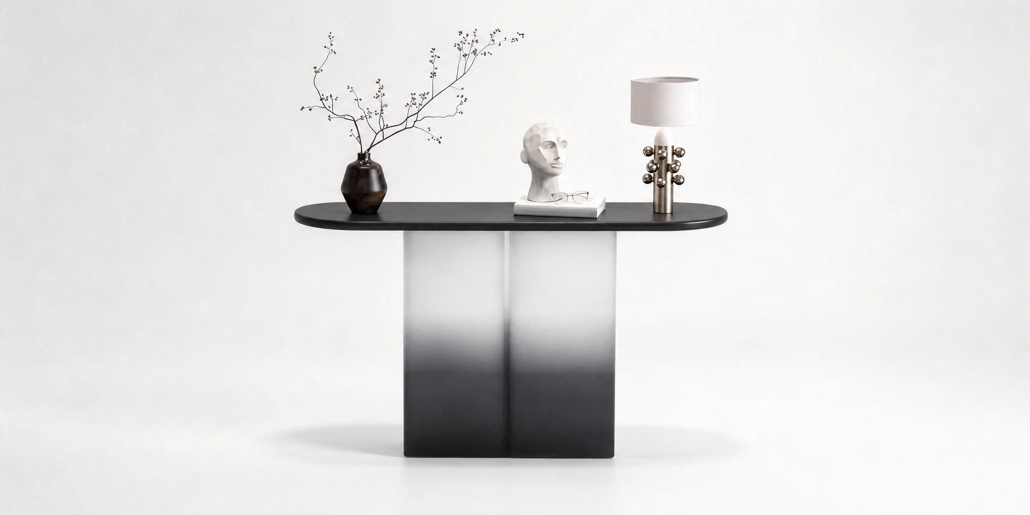 Narrow acrylic console table with a graduated black-to-white base