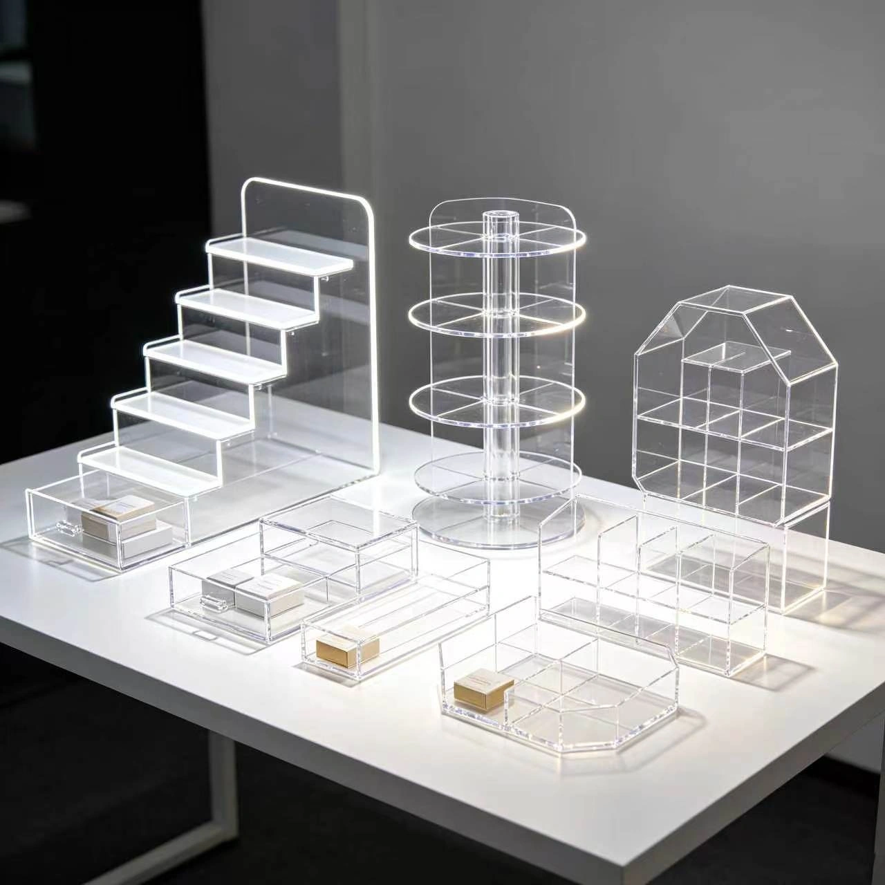 Range of clear acrylic display stands on a workbench