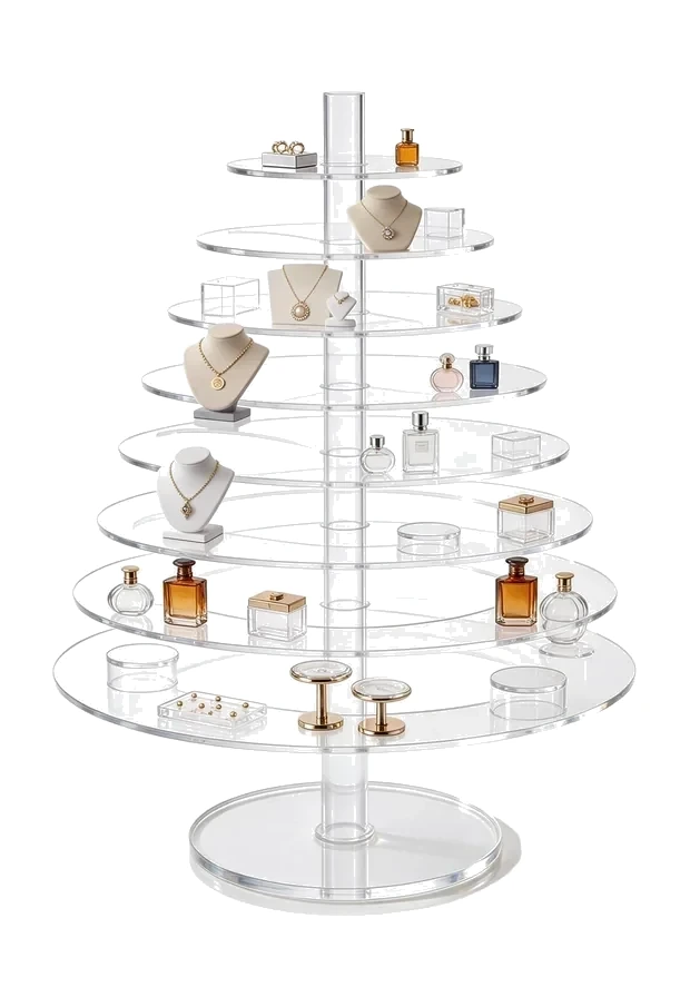 Tree-form custom acrylic display stand holding small collectibles