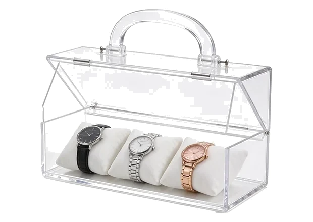 Acrylic display case with carrying handle used for watches