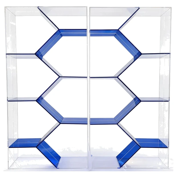 Clear acrylic display cabinet with blue hexagon grid dividers