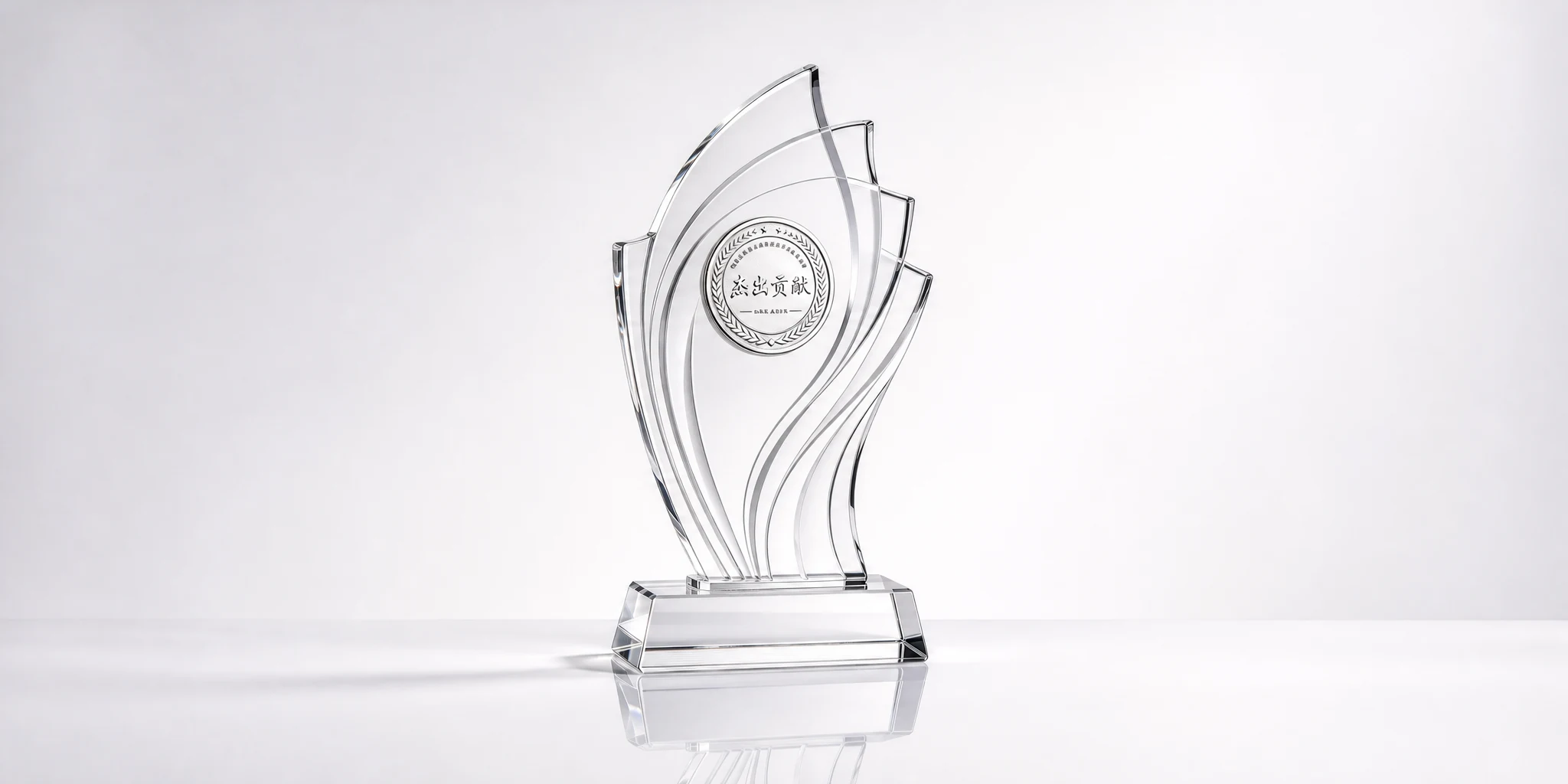 Flame-shaped acrylic award with a deep relief-carved emblem