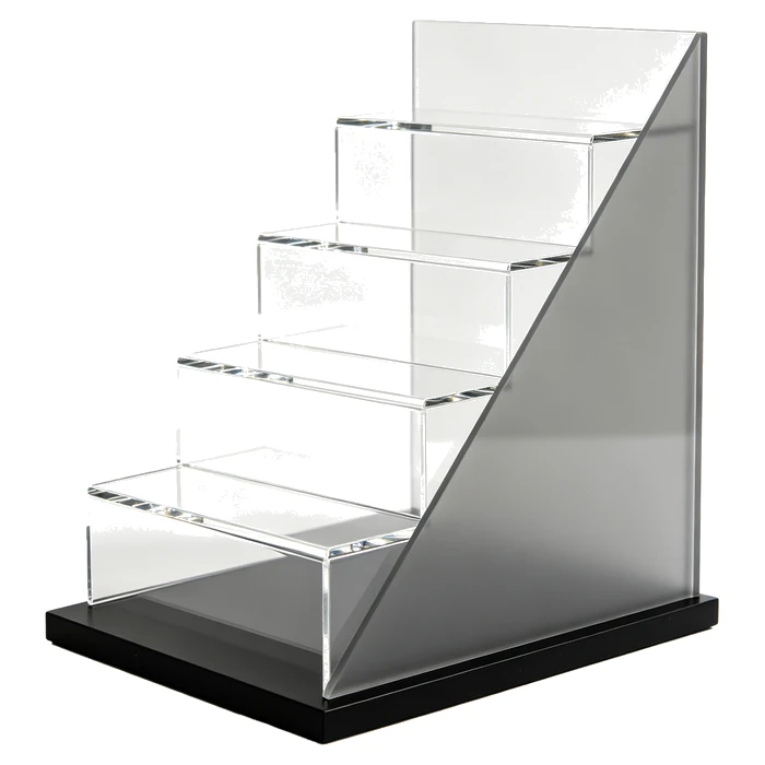 Acrylic stair-step display stand with four tiers on a black base