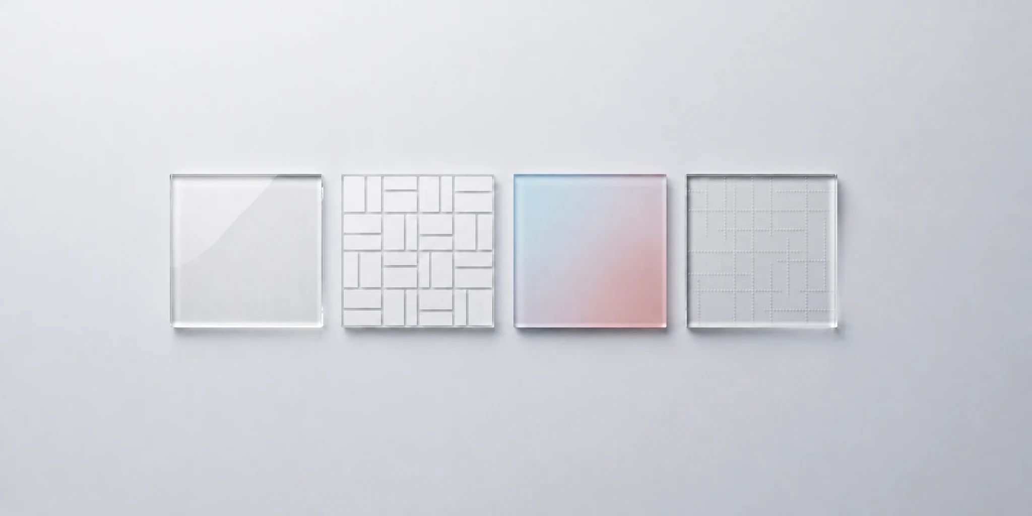 Acrylic surface finish samples: gloss, silk print, gradient and fine texture
