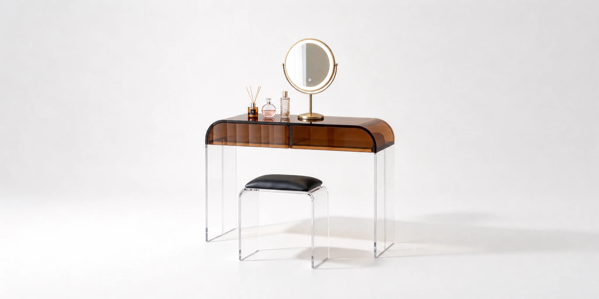 Acrylic writing desk with a wood-effect top and a mirror above