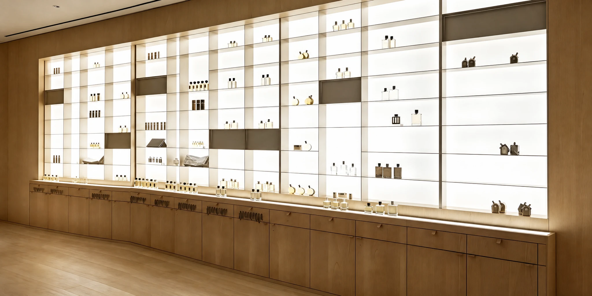 Built-in recessed acrylic wall display cabinet finished flush with the wall