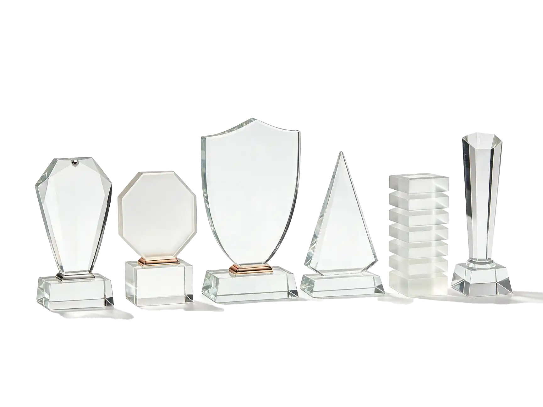 Range of custom acrylic trophies: shield, octagon, round, triangular and column formats