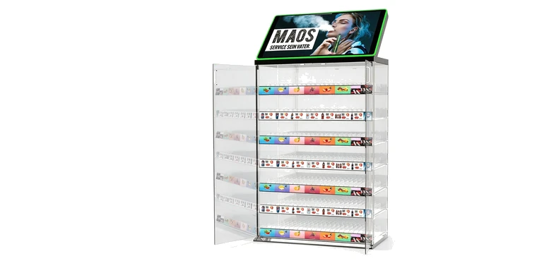Commercial acrylic display cabinet with glass door and illuminated header