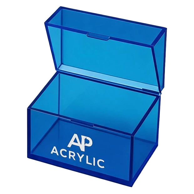 Blue acrylic presentation box with hinged lid