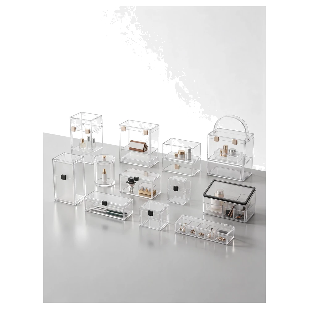 Range of custom acrylic display boxes filled with retail products