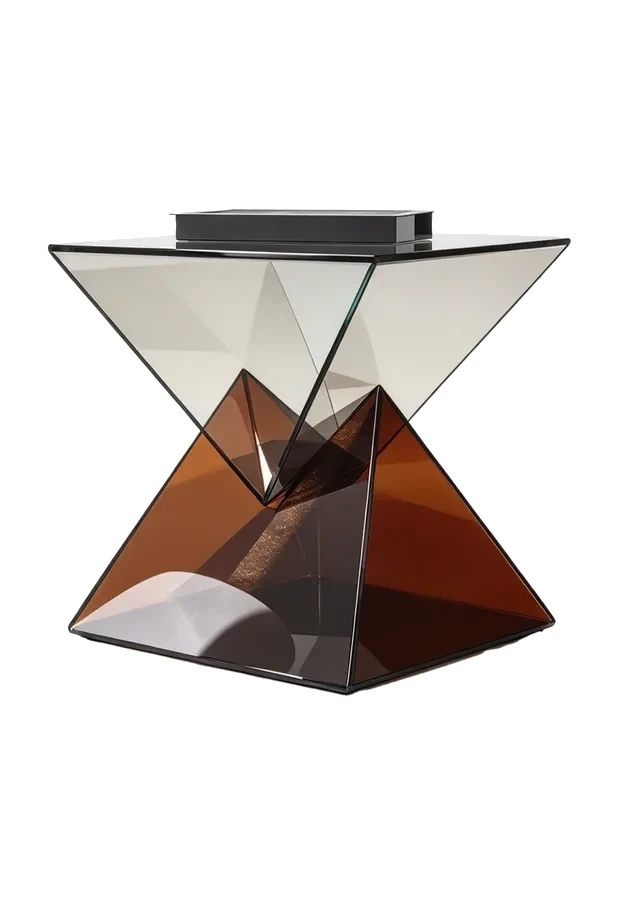 Free-form acrylic table with a faceted geometric base