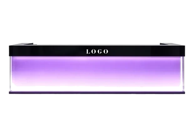 Illuminated acrylic reception counter with a printed logo and a purple gradient light panel
