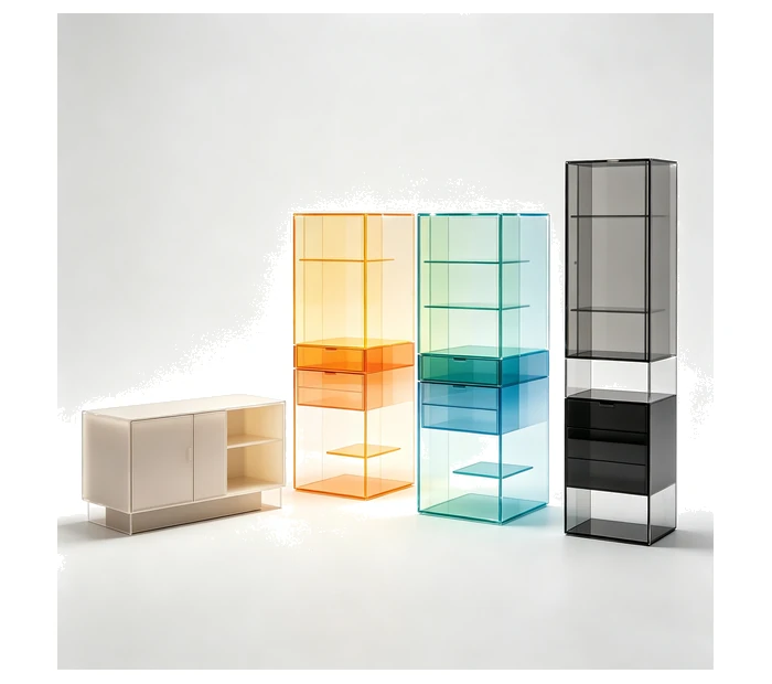 Coloured custom acrylic display cabinets in cream, orange, blue and black
