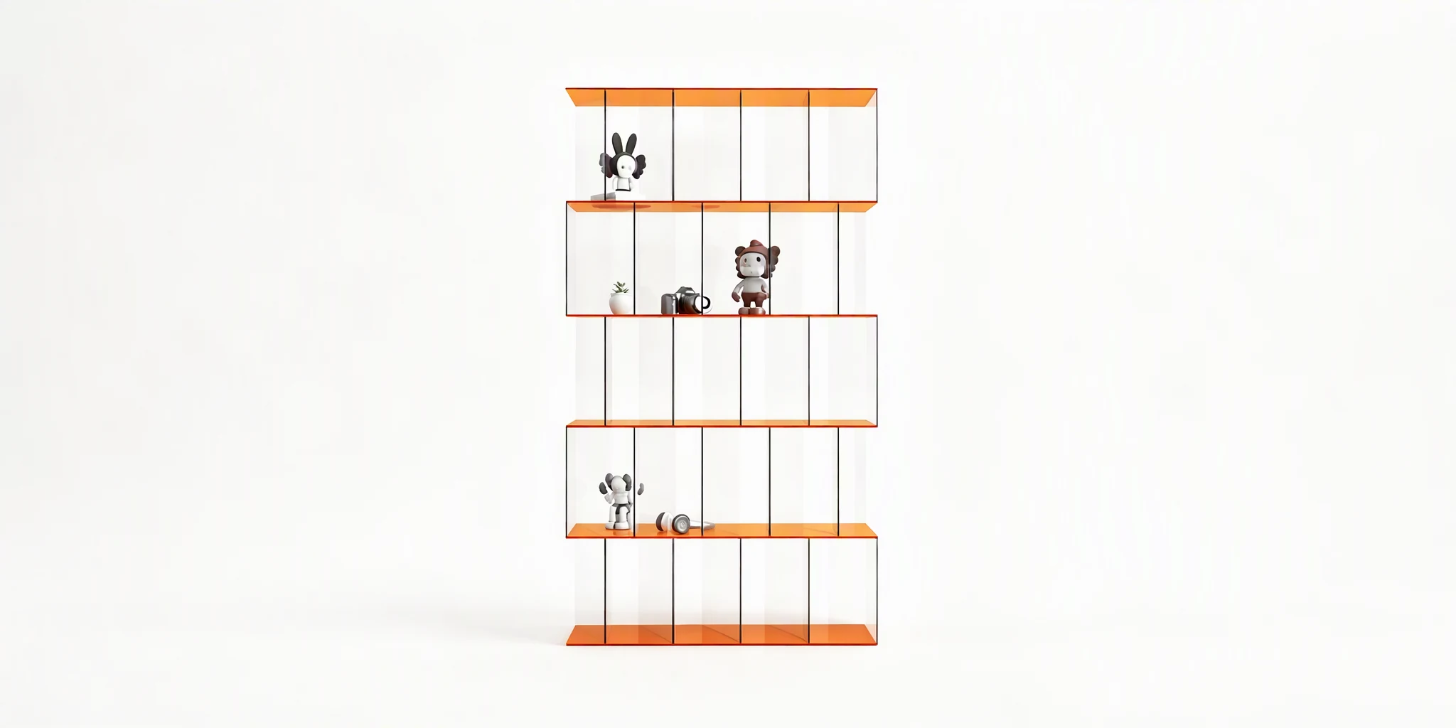 Floor-standing acrylic display cabinet with orange frame and glass shelves