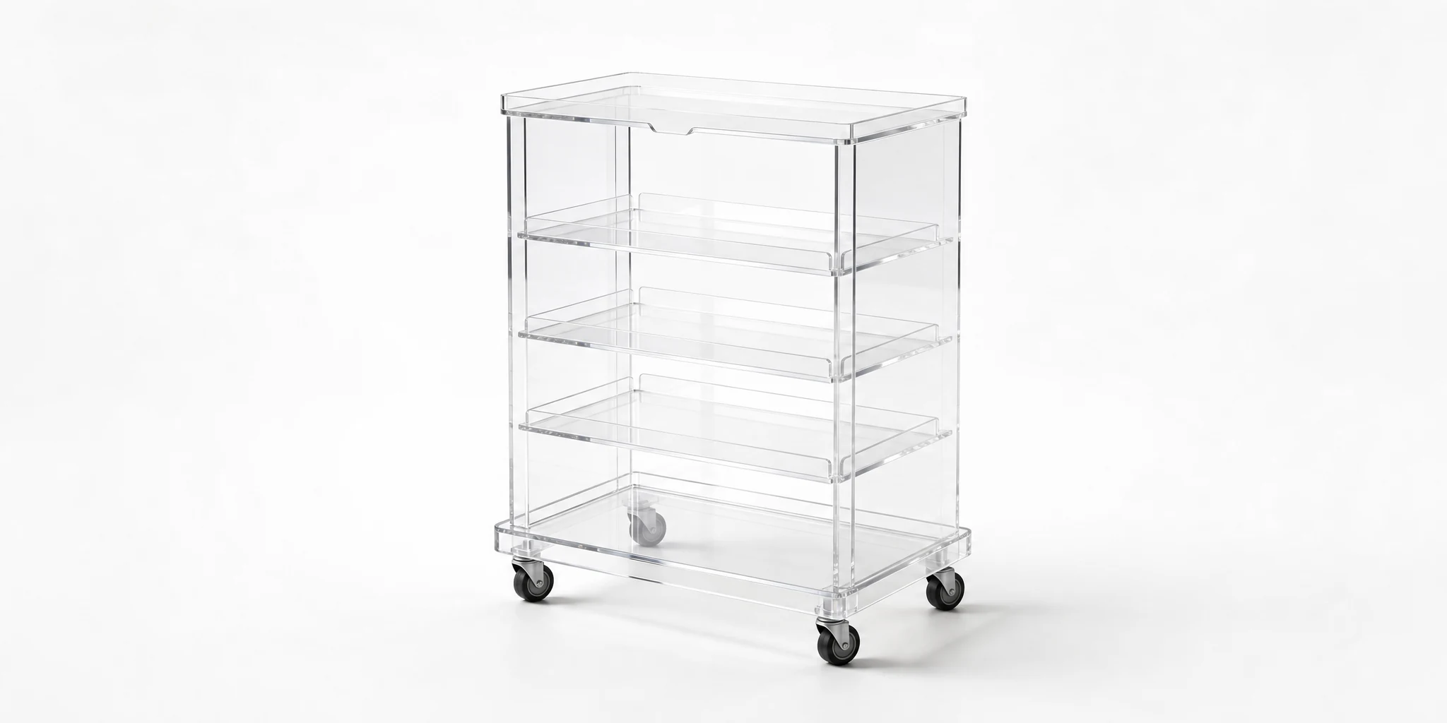 Floor-standing multi-shelf acrylic display rack on castors