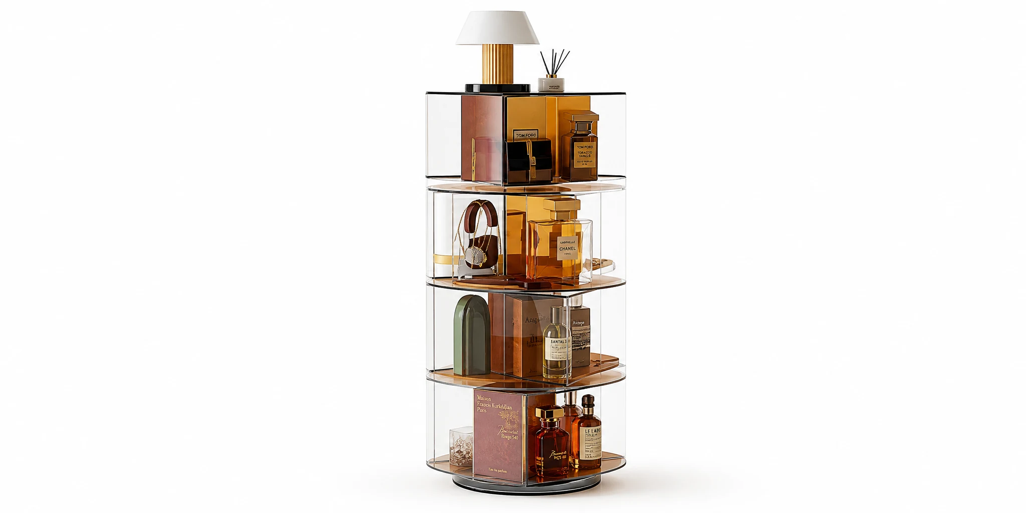 Rotating acrylic display tower with 360 degree turntable base