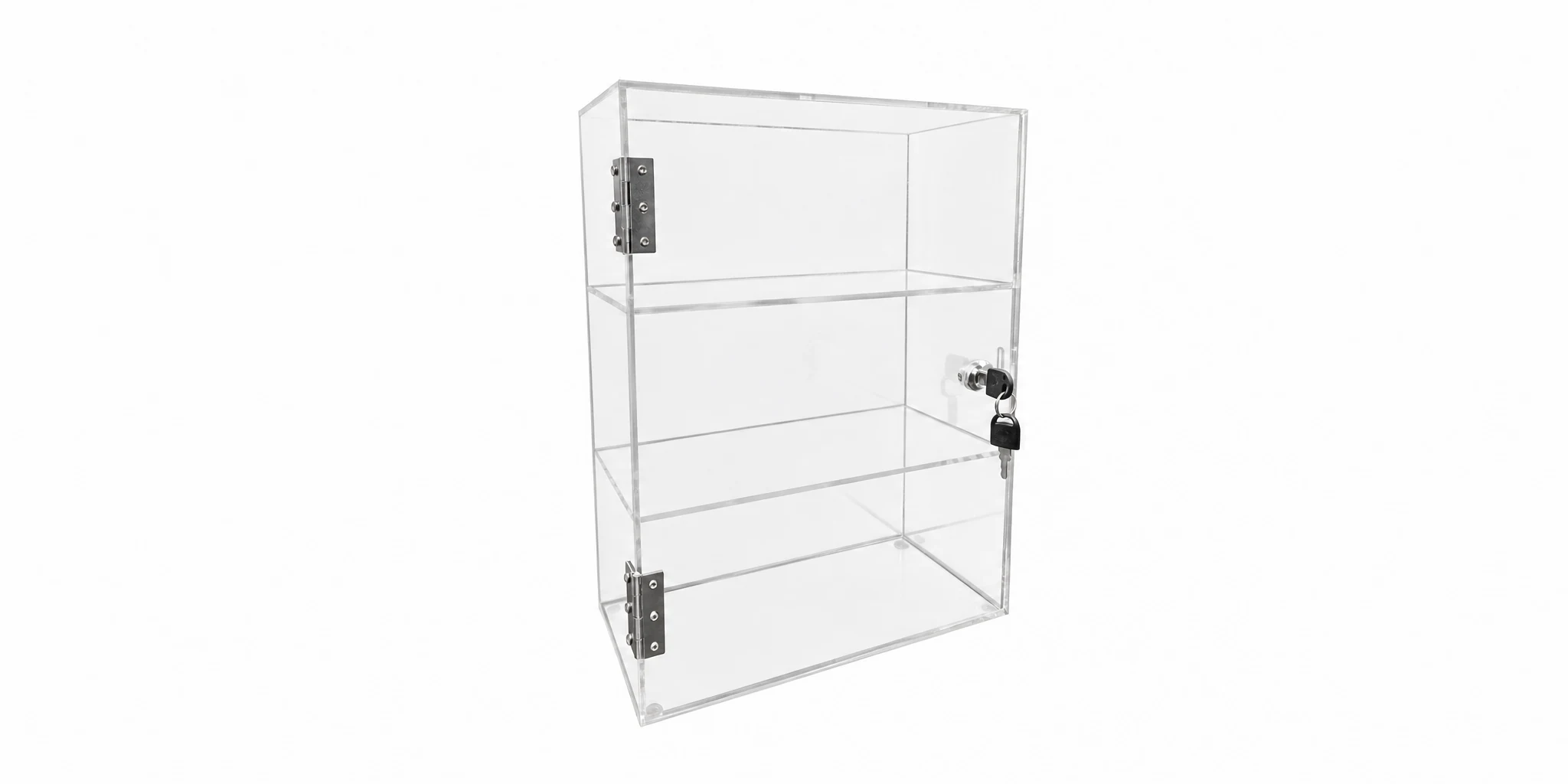 Tabletop acrylic display case with lockable hinged doors