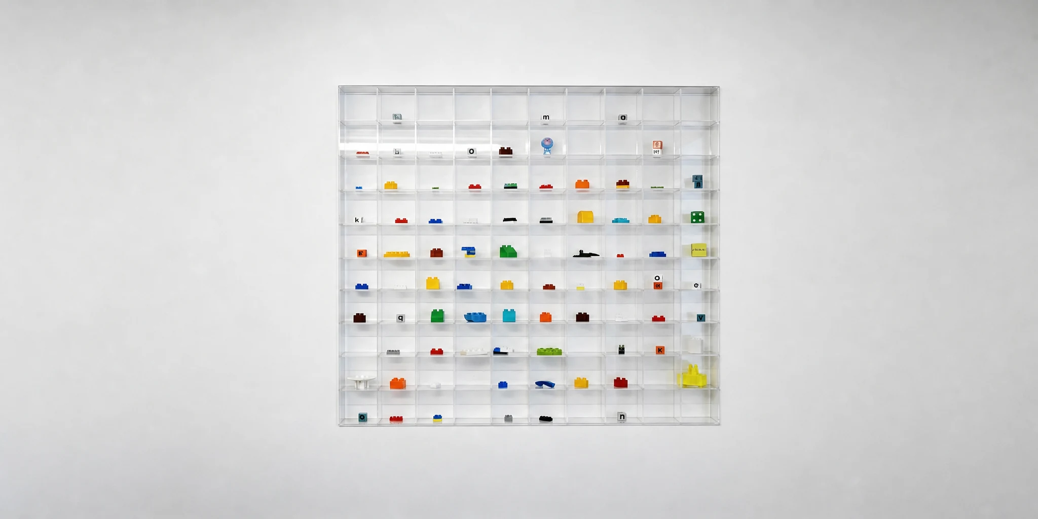 Wall-mounted clear acrylic display case holding a miniature car collection