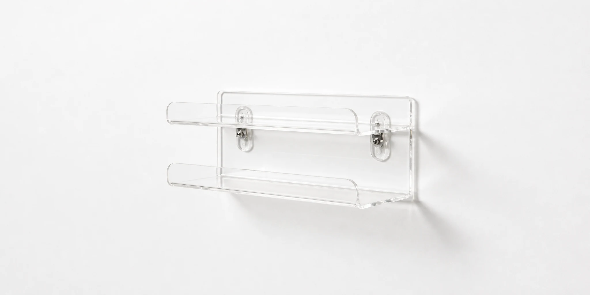 Wall-mounted double-tier acrylic display shelf with metal brackets